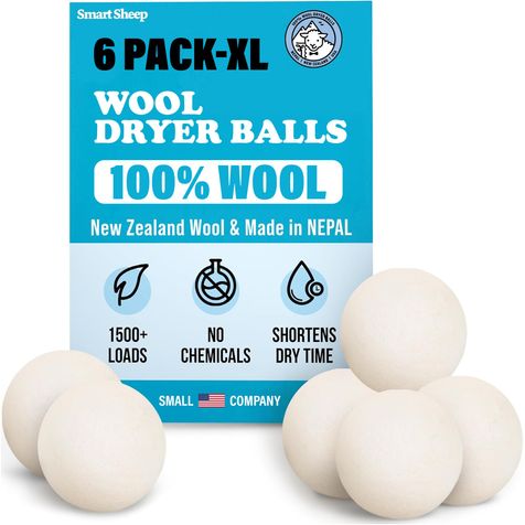 Wool Dryer Balls - Smart Sheep 6-Pack - XL Premium Natural Fabric Softener Award-Winning - Wool Balls Replaces Dryer Sheets - Wool Balls for Dryer - Laundry Balls for Dryer, 6 Count (Pack of 1)