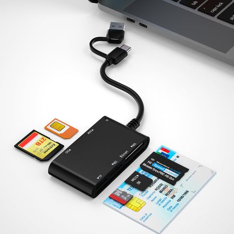 USB C USB A Sim Card Reader Smart Card Reader, 6 in 2 CAC Reader DOD Military/SIM/SD/TF/MS Pro Duo/M2/ID/IC/PIV Card, SIM Card Reader for Windows,Linux,MacOS